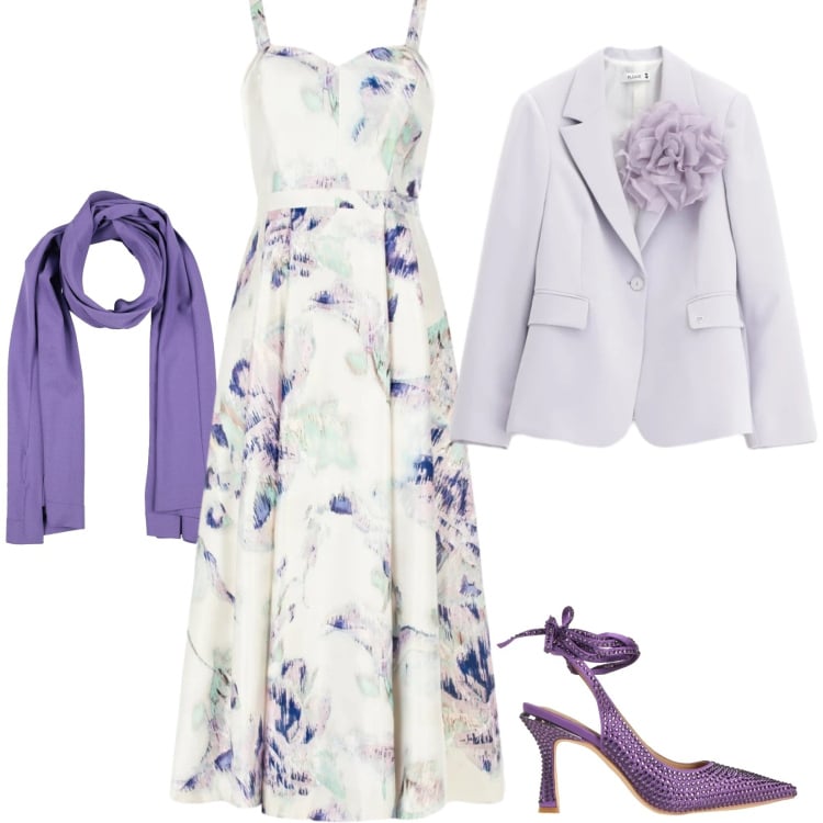 Outfit donna - Fantasie floreali: è primavera!. Stile Chic per Cerimonia. Abbinamento con décolleté, sciarpe, blazer, vestiti midi/longuette.