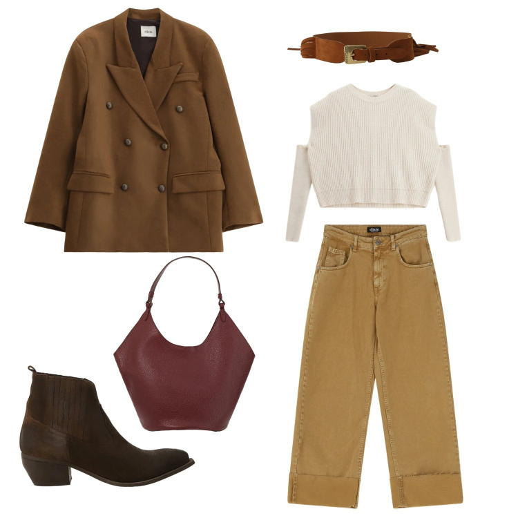 Outfit donna - Pranzo in campagna. Stile Casual chic per Tutti i giorni. Abbinamento con blazer, pantaloni a palazzo, maglieria, stivaletti, borse a spalla, cinture.