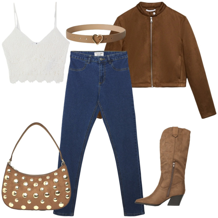 Outfit donna - Jeans e stivali country. Stile Casual per Tutti i giorni. Abbinamento con giacche, jeggings, top, cinture, stivali, borse a tracolla.