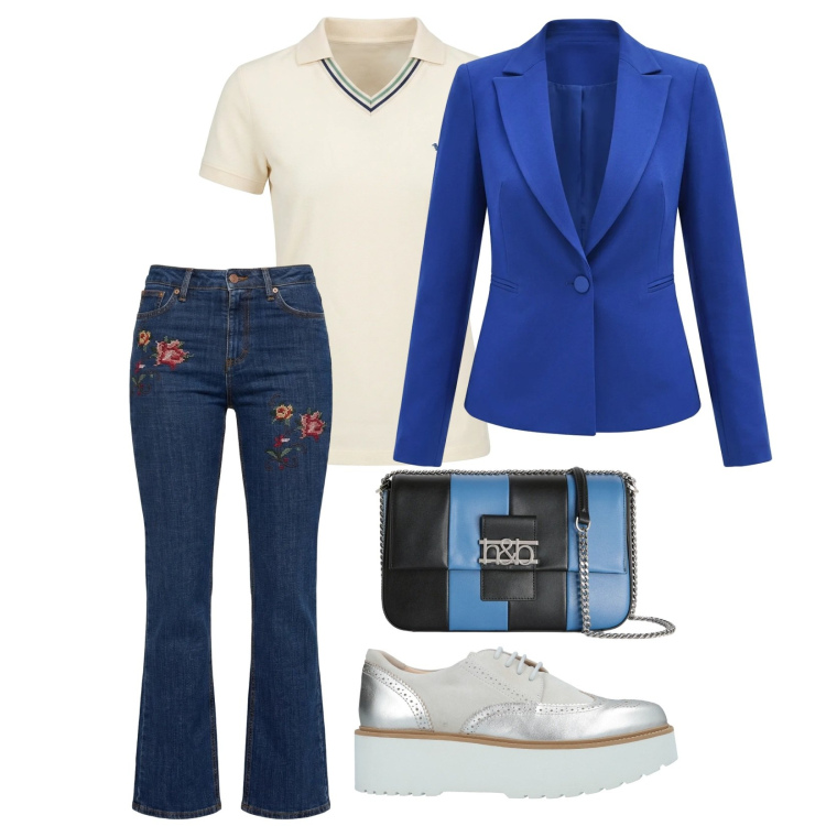 Outfit donna - Chic con il denim. per Ufficio. Abbinamento con scarpe stringate, jeans, borse a tracolla, polo, blazer.