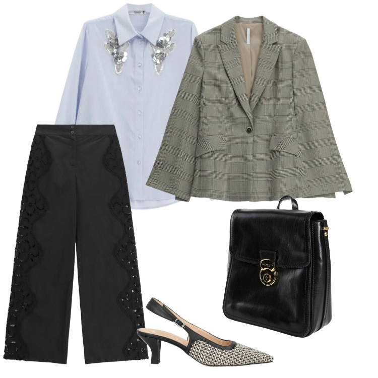 Outfit donna - Riunione di giorno. per Ufficio. Abbinamento con zaini, décolleté, blazer, pantaloni a palazzo, camicie.