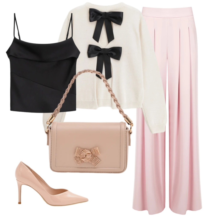 Outfit donna - Total look #2357202. Stile Bon Ton per Serata fuori. Abbinamento con canottiere, maglieria, pochette, décolleté, pantaloni a palazzo.