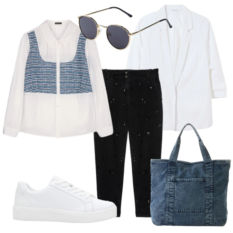 Outfit donna - Pastello per la primavera. Stile Sporty chic per Ufficio. Abbinamento con sneakers, occhiali da sole, shopping bag, blazer, camicie, jeans.