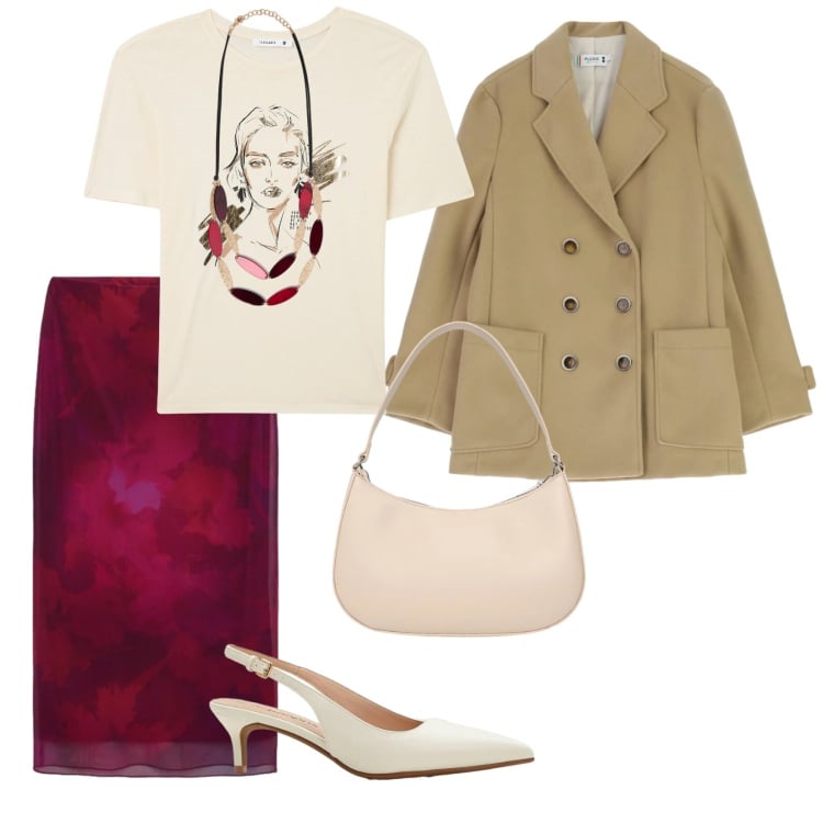 Outfit donna - Per tutti i giorni. per Tutti i giorni. Abbinamento con décolleté, t-shirt, borse a tracolla, gonne longuette, collane, blazer.