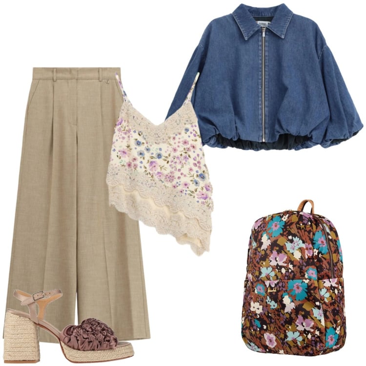 Outfit donna - Denim e fiori. Stile Casual per Tutti i giorni. Abbinamento con espadrillas, valigie, pantaloni a palazzo, top, blazer.