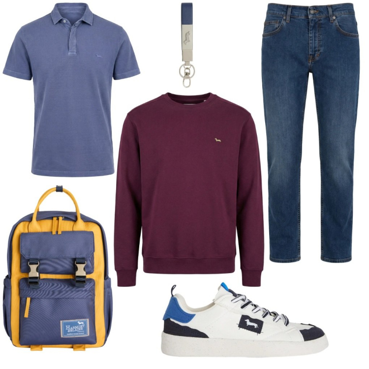 Outfit uomo - Gregorio: a scuola in motorino.. Stile Urban per Tutti i giorni. Abbinamento con jeans, sneakers, portachiavi, felpe, borse sportive, polo.