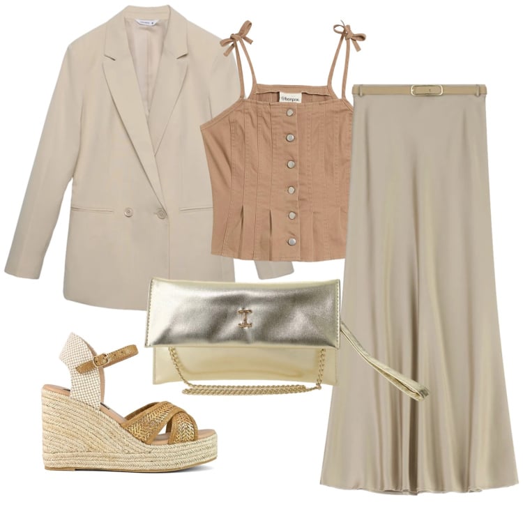 Outfit donna - Total look #2357211. Stile Chic per Tutti i giorni. Abbinamento con top, borse a tracolla, gonne lunghe, blazer, zeppe.