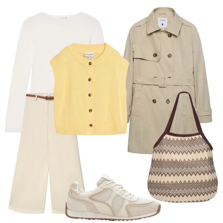 Outfit donna - Femminilità curvy in giallo e beige. Stile Casual chic per Tutti i giorni. Abbinamento con maglieria, sneakers alte, trench, t-shirt, pantaloni, borse tote.