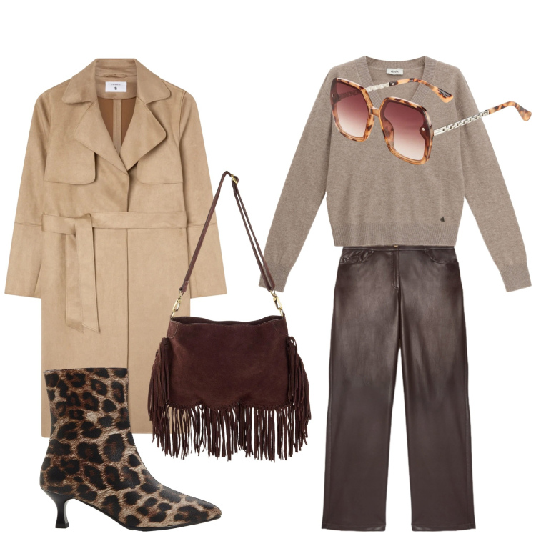Outfit donna - Simple. Abbinamento con stivaletti, borse a tracolla, occhiali da sole, trench, pantaloni, maglieria.
