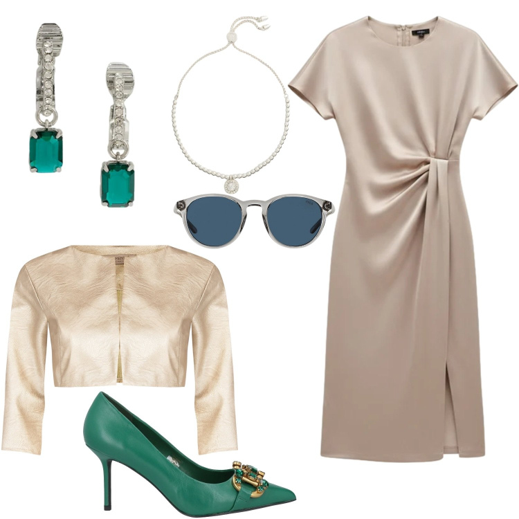 Outfit donna - Serata a Teatro. Stile Chic per Serata fuori. Abbinamento con décolleté, vestiti midi/longuette, bolero, orecchini, occhiali da sole, braccialetti.