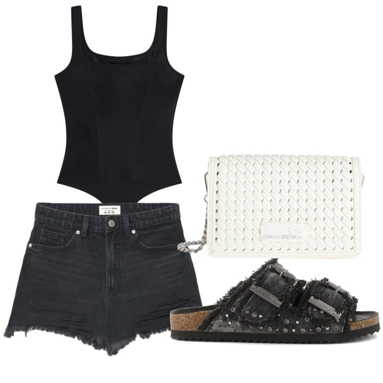 Outfit donna - black summer. Stile Casual per Tutti i giorni. Abbinamento con borse a tracolla, shorts, body, sandali.