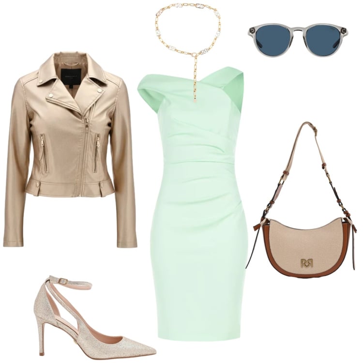 Outfit donna - Crema e menta. Stile Chic per Serata fuori. Abbinamento con giacche, vestiti asimmetrici, cinture, borse a tracolla, décolleté, occhiali da sole.