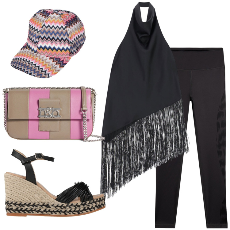 Outfit donna - Total look #2357223. Stile Casual chic per Tutti i giorni. Abbinamento con espadrillas, cappelli con visiera, borse a spalla, top, leggings.