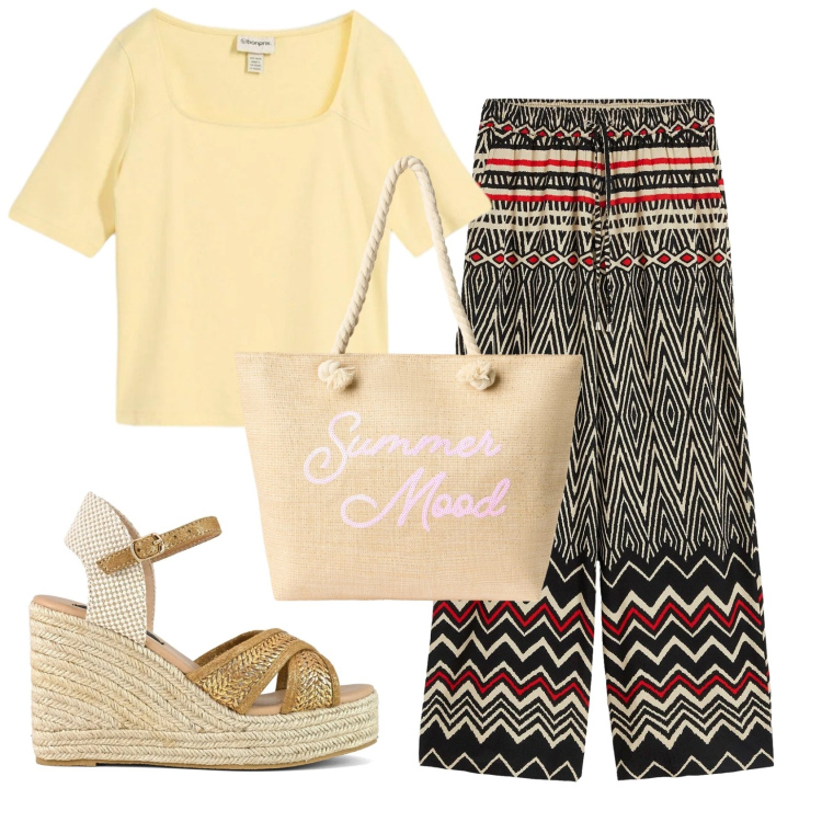 Outfit donna - Total look #2357226. Stile Etnico per Mare. Abbinamento con pantaloni, t-shirt, borse tote, zeppe.