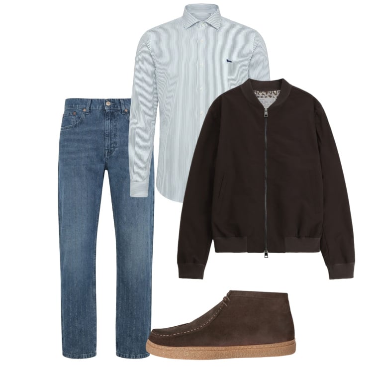 Outfit uomo - Primavera. Stile Casual per Tutti i giorni. Abbinamento con jeans, stivali e stivaletti, camicie, bomber.