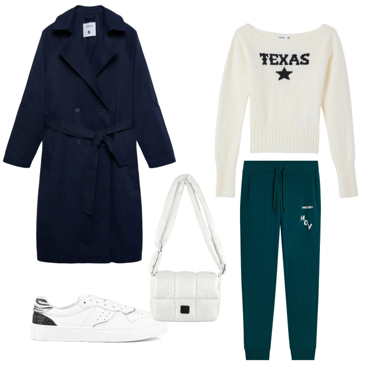 Outfit donna - Passeggiata al mare. Stile Casual per Mare. Abbinamento con maglieria, trench, pantaloni, borse a spalla, sneakers.