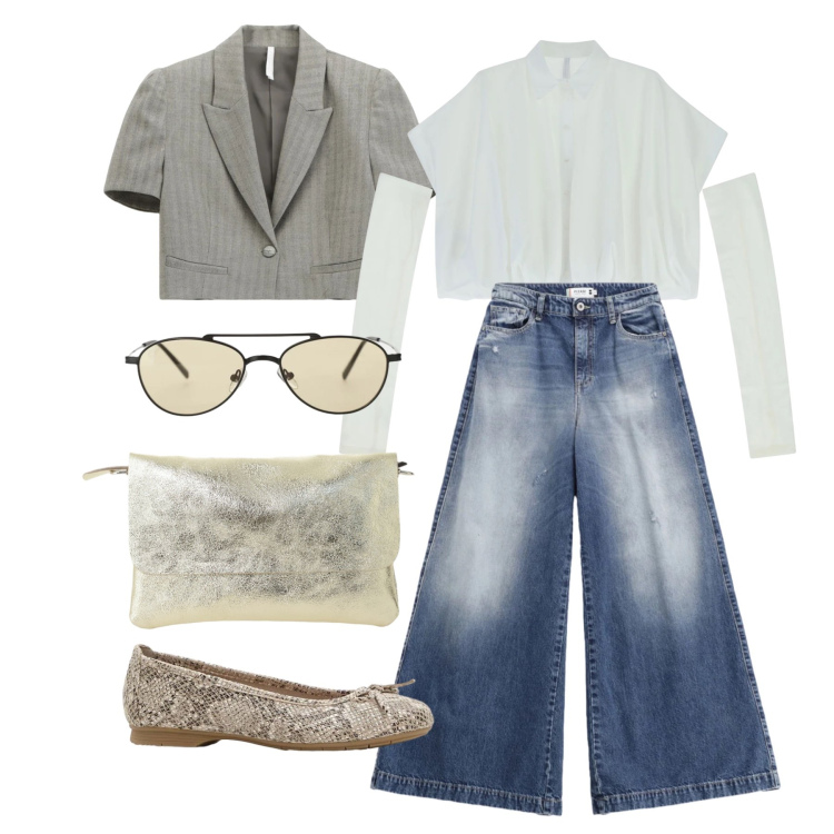 Outfit donna - Marzo. Stile Casual chic per Tutti i giorni. Abbinamento con ballerine, camicie a manica corta, occhiali da sole, blazer, borse a spalla, jeans.