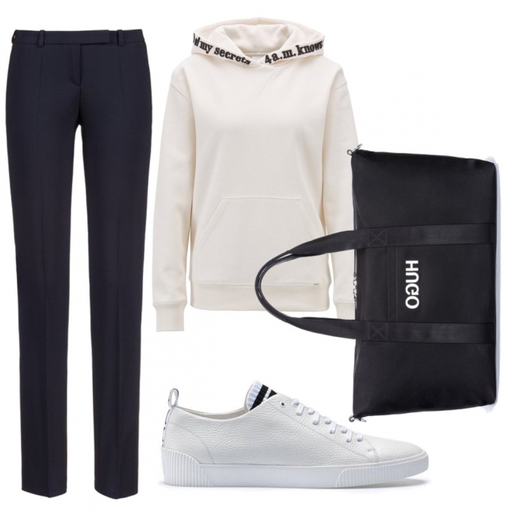 Outfit donna - Total look #235723. Abbinamento con pantalone in cotone con gancetto, felpa con ricamo e cappuccio, shopping bag effetto metallizzato in gabardine con logo argento, sneakers basse a righe in pelle martellata.
