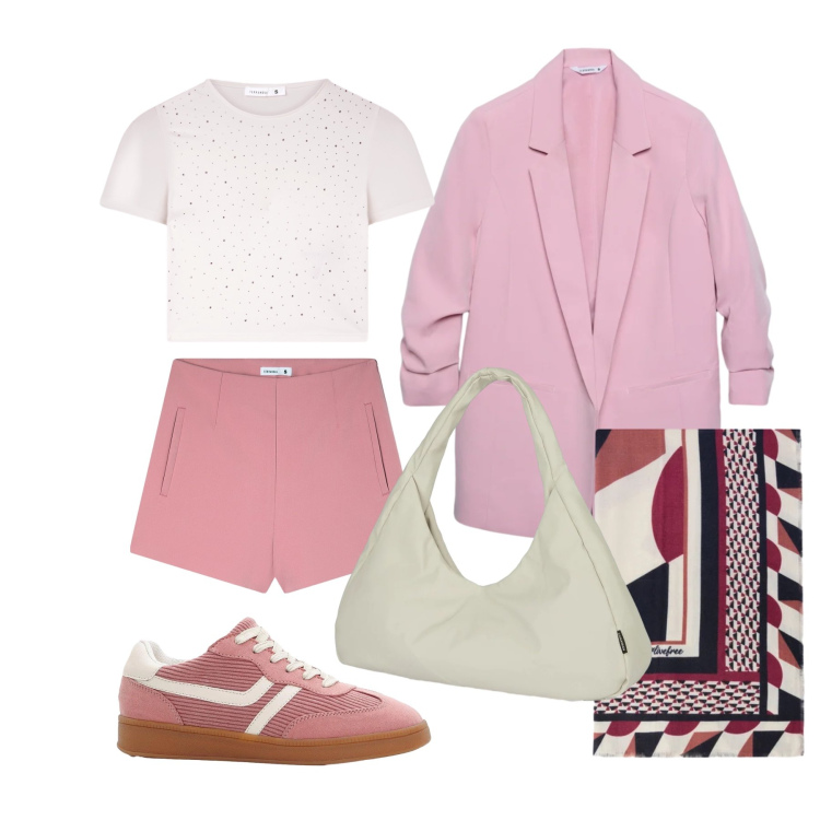 Outfit donna - Marzo. Stile Urban per Tutti i giorni. Abbinamento con sneakers, blazer, shorts, t-shirt, foulard, borse a spalla.