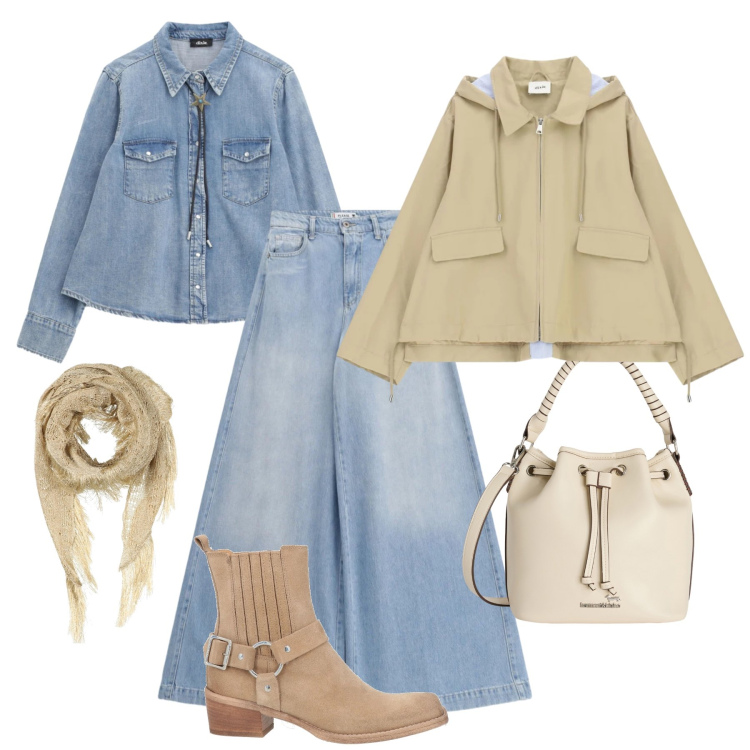 Outfit donna - Denim new generation. Stile Urban per Tutti i giorni. Abbinamento con stole, stivaletti texani, borse a secchiello, parka, camicie, jeans.