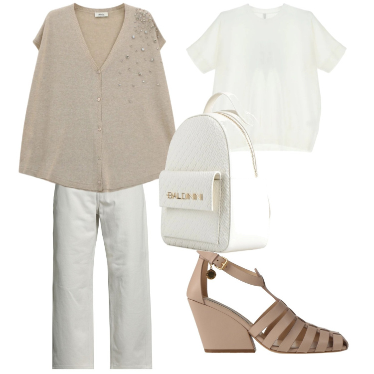 Outfit donna - Una giornata tranquilla. Stile Sporty chic per Tutti i giorni. Abbinamento con pantaloni, zaini, décolleté, t-shirt, gilet.