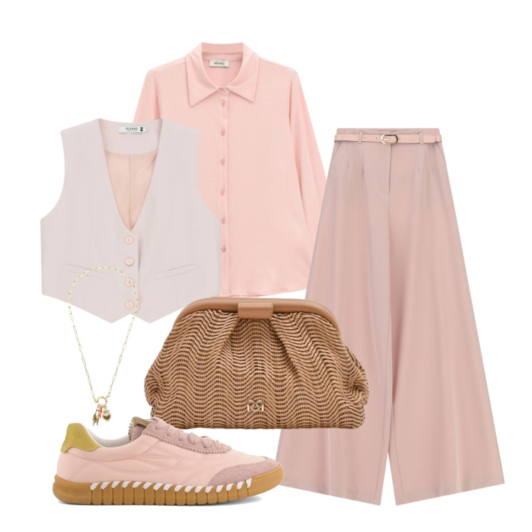 Outfit donna - Marzo. Stile Casual chic per Tutti i giorni. Abbinamento con pantaloni a palazzo, camicie, ciondoli, gilet, pochette, sneakers.