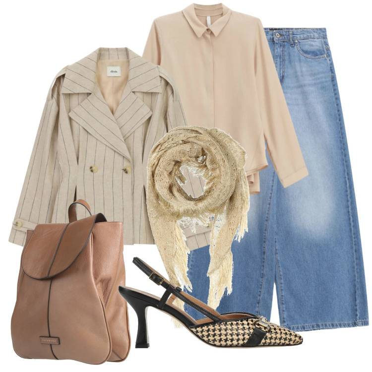 Outfit donna - Denim, righe, scacchi. Stile Casual chic per Ufficio. Abbinamento con zaini, décolleté, stole, camicie, jeans, blazer.