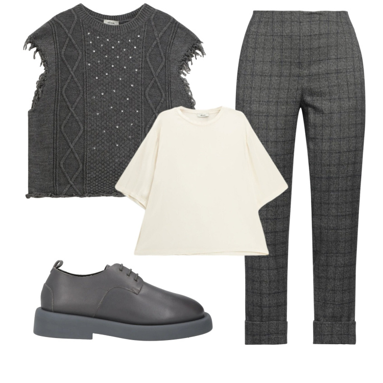 Outfit donna - Total look #2357259. Stile Trendy per Tutti i giorni. Abbinamento con pantaloni, scarpe stringate, maglieria, t-shirt.