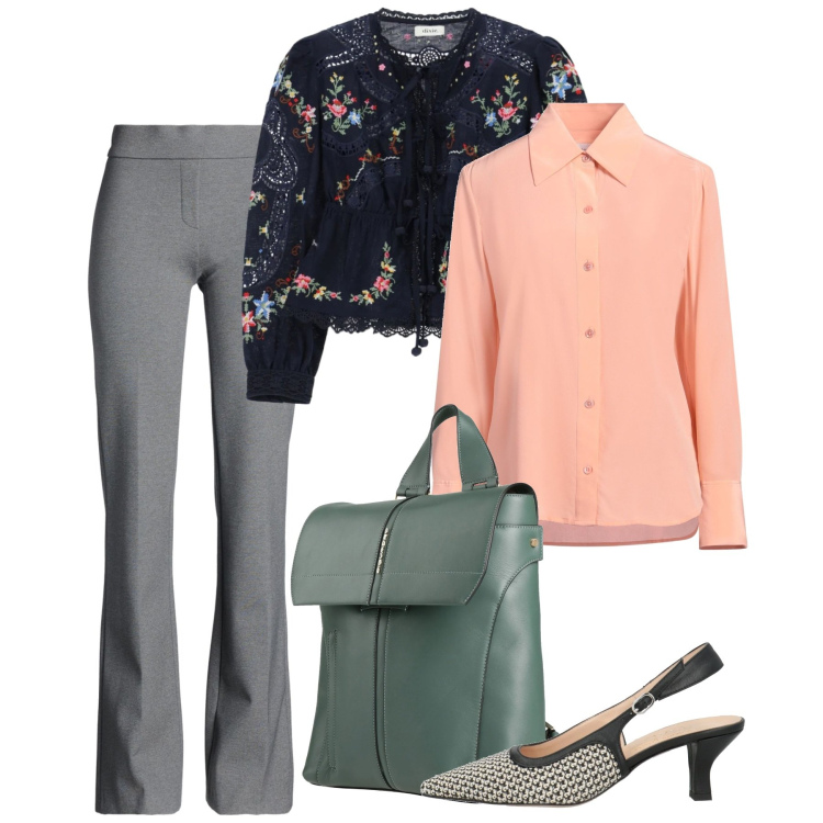 Outfit donna - Il giacchino a fiori. Stile Chic per Tutti i giorni. Abbinamento con pantaloni, décolleté, zaini, camicie, cappotti.