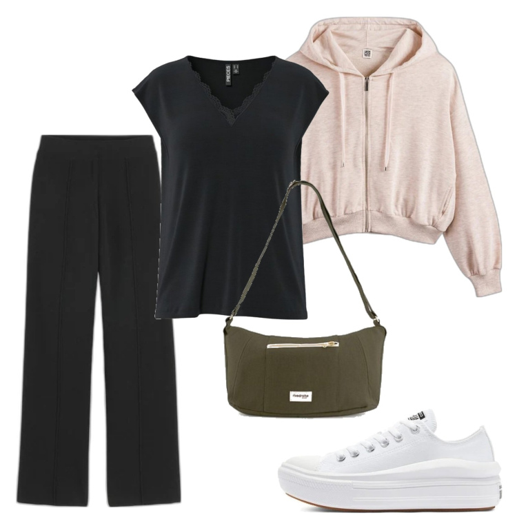 Outfit mujer - Casual look. Estilo Casual para Todos los días. Combinación con sneakers, bandoleras, camiseta, sudaderas con capucha, pantalones.