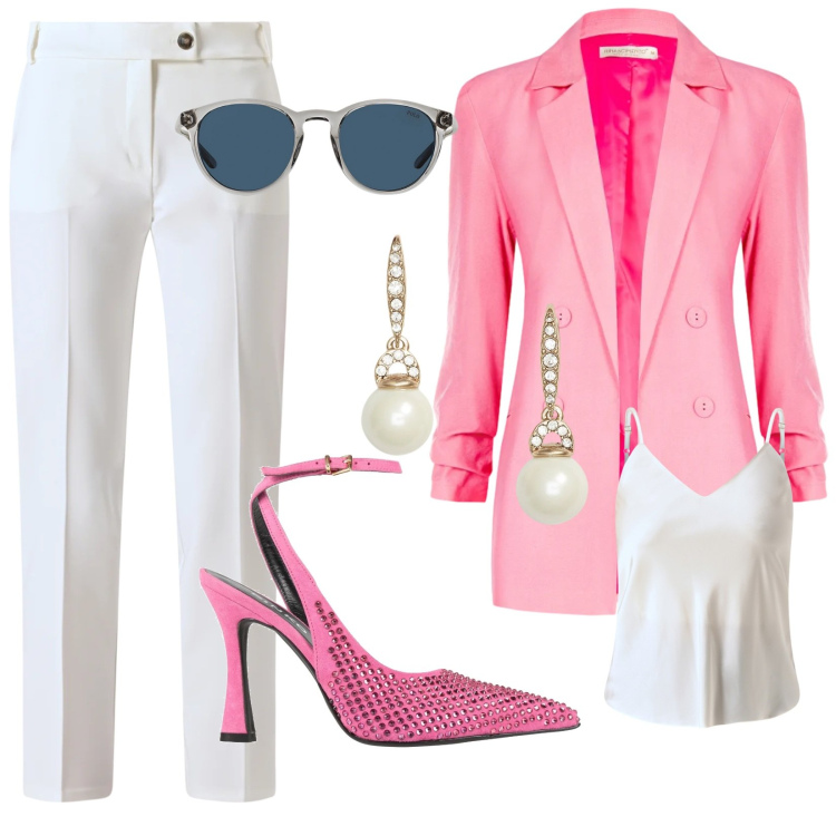 Outfit donna - Cerimonia al sole di primavera. Stile Chic per Cerimonia. Abbinamento con décolleté, pantaloni, blazer, top, occhiali da sole, orecchini.