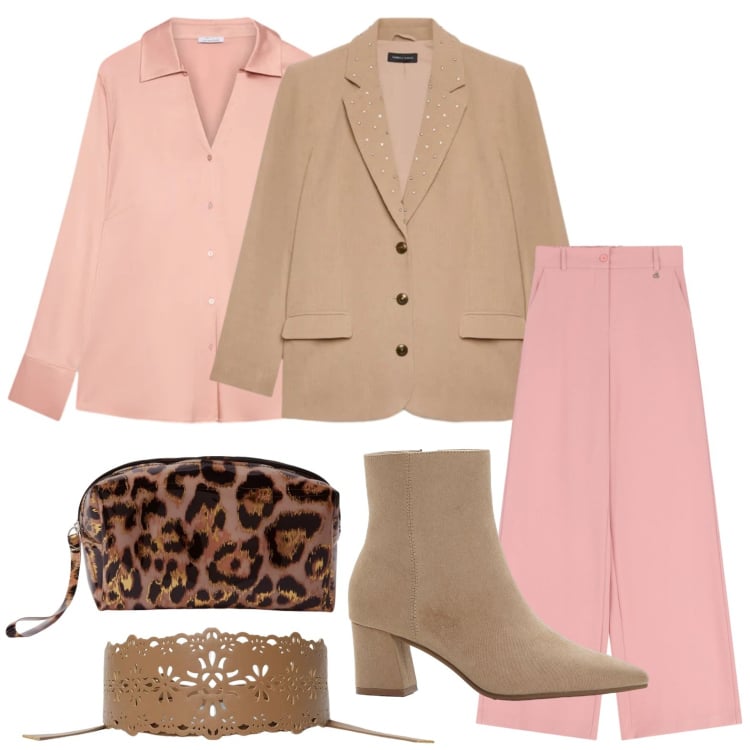 Outfit donna - Nuance cipria. Stile Trendy per Tutti i giorni. Abbinamento con stivaletti, pochette, cinture, blazer, camicie, pantaloni a palazzo.