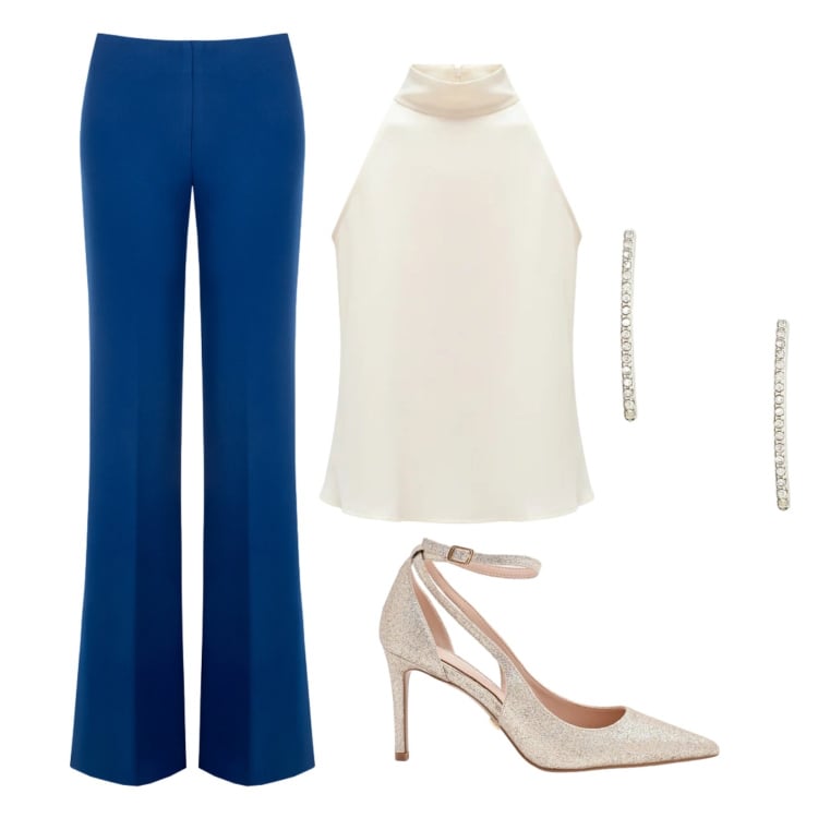 Outfit donna - Invitata cerimonia. Stile Casual chic per Cerimonia. Abbinamento con top, décolleté, pantaloni a palazzo, orecchini.