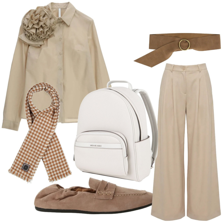 Outfit donna - Camicia con applicazione. Stile Chic per Tutti i giorni. Abbinamento con zaini, sciarpe, pantaloni, camicie, cinture, mocassini.