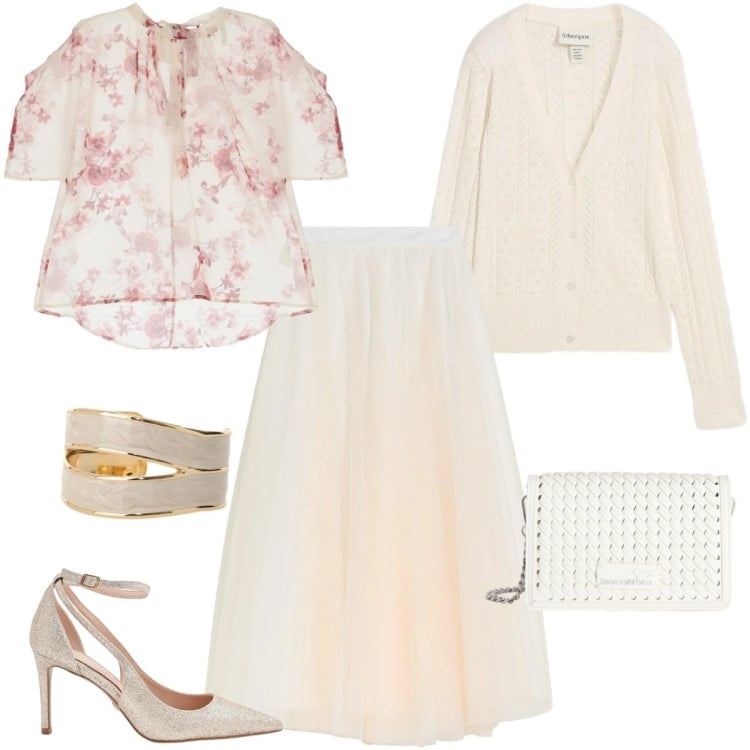 Outfit donna - Cerimonia informale a primavera. Stile Romantica per Cerimonia. Abbinamento con gonne lunghe, cardigans, borse a tracolla, bluse, anelli, décolleté.