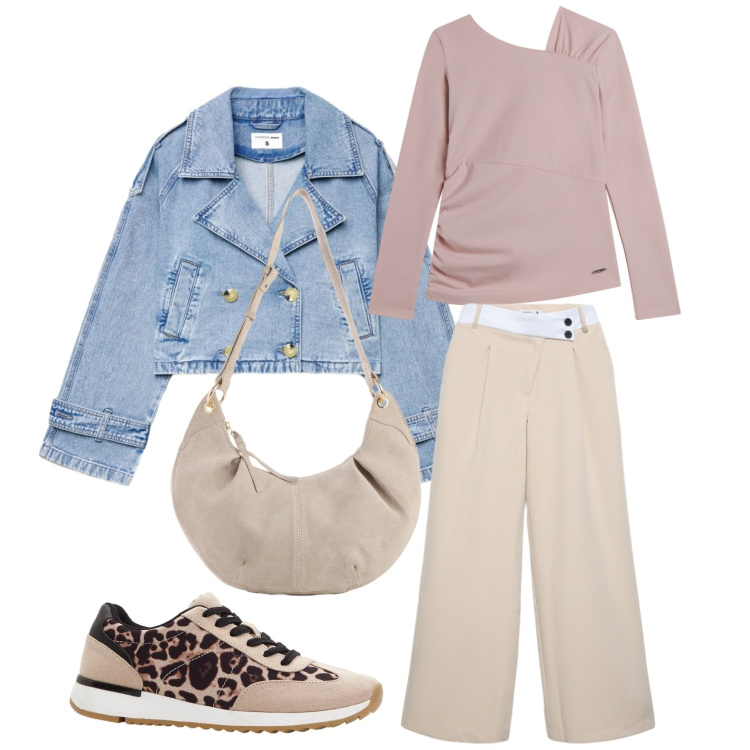 Outfit donna - Pastello e denim. Stile Casual chic per Tutti i giorni. Abbinamento con sneakers, borse a tracolla, caban, pantaloni, maglieria.