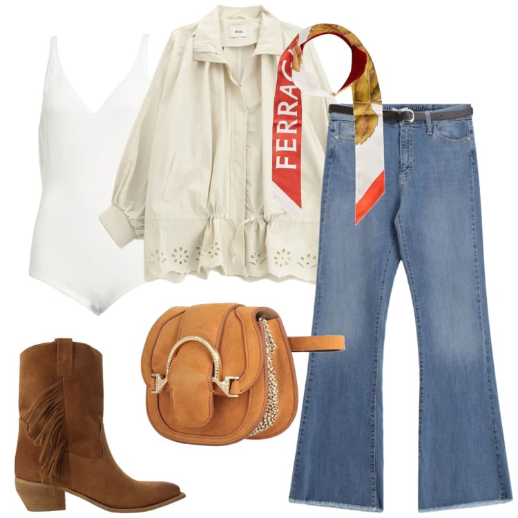 Outfit donna - Primavera che valorizza. Stile Casual per Tutti i giorni. Abbinamento con marsupi, sciarpe, body, parka, stivali, jeans.