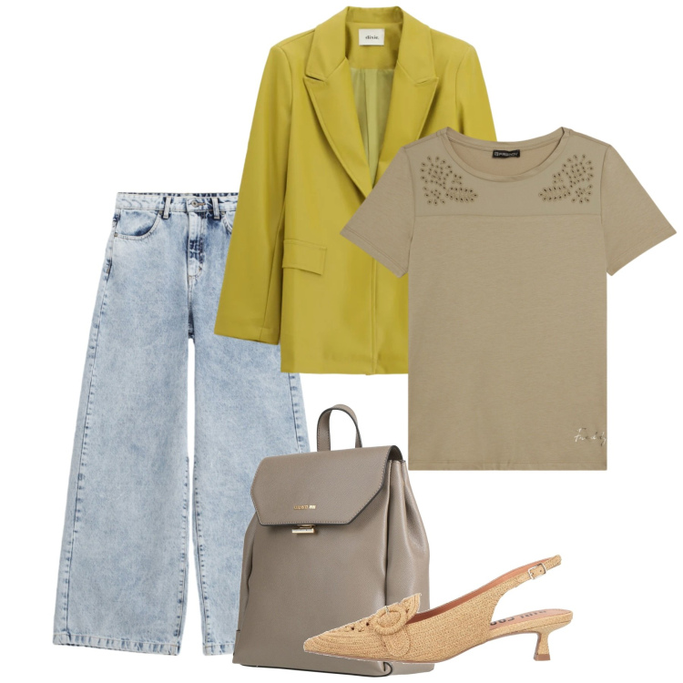 Outfit donna - Primavera. Stile Chic per Tutti i giorni. Abbinamento con zaini, décolleté, jeans, blazer, t-shirt.