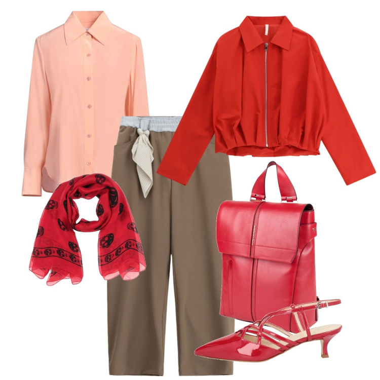 Outfit donna - Cherry mood. Stile Casual chic per Tutti i giorni. Abbinamento con décolleté, zaini, camicie, sciarpe, bomber, pantaloni a palazzo.