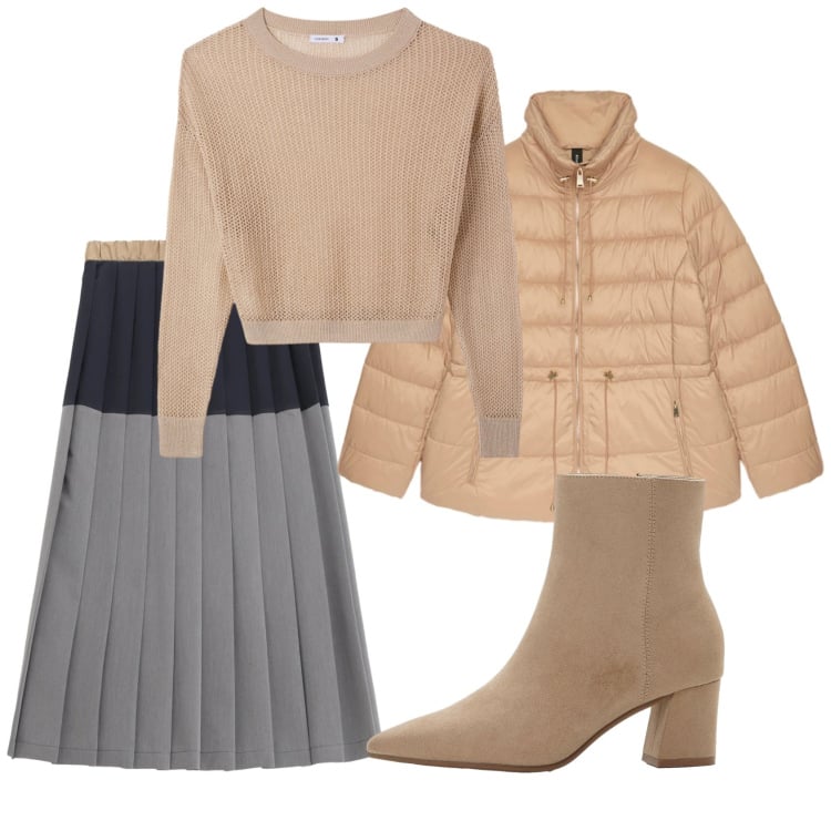 Outfit donna - Total look #2357337. Stile Trendy per Ufficio. Abbinamento con stivaletti, maglieria, gonne longuette, piumini.