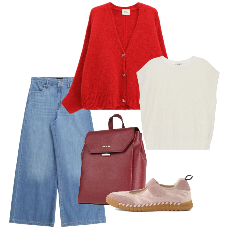 Outfit donna - Spring. Stile Bon Ton per Tutti i giorni. Abbinamento con zaini, cardigans, jeans, top, ballerine.