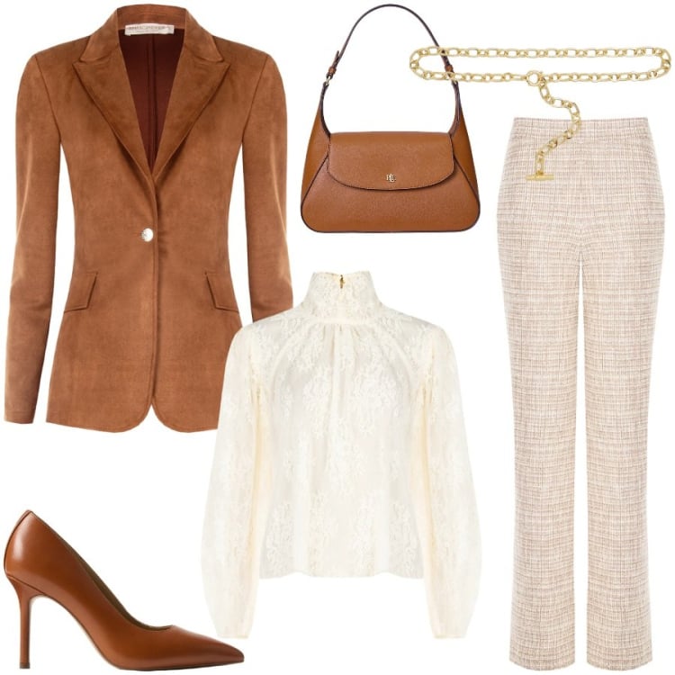 Outfit donna - L\'eleganza di Rinascimento. Stile Bon Ton per Cerimonia. Abbinamento con pantaloni a palazzo, bluse, blazer, borse a spalla, cinture, décolleté.