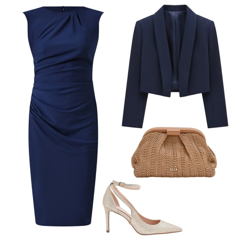 Outfit donna - Il tubino blu. Stile Chic per Cerimonia. Abbinamento con vestiti a tubino, bolero, décolleté, pochette.