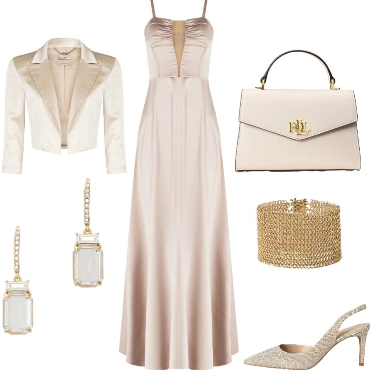 Outfit donna - Wedding day. Stile Glamour per Cerimonia. Abbinamento con décolleté, vestiti lunghi, bolero, borse a mano, orecchini, braccialetti.