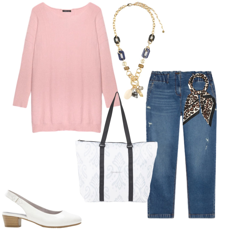 Outfit donna - Eleganza Casual e Dettagli Romantici. Stile Casual chic per Tutti i giorni. Abbinamento con décolleté, foulard, jeans strappati, maglieria, collane, shopping bag.