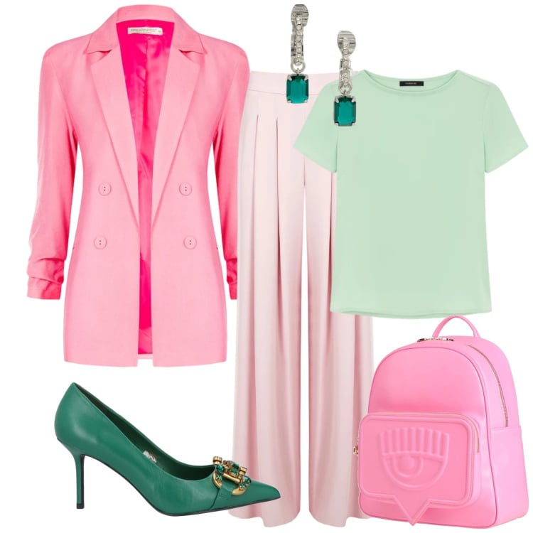 Outfit donna - My look. Stile Trendy per Cerimonia. Abbinamento con décolleté, zaini, pantaloni a palazzo, blazer, bluse, orecchini.