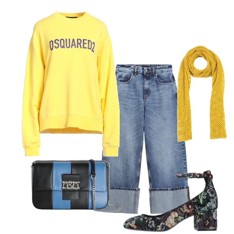 Outfit donna - Chic e casual. Stile Bon Ton per Tutti i giorni. Abbinamento con décolleté, sciarpe, felpe, borse a tracolla, jeans.