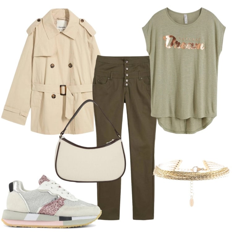 Outfit donna - Un giorno di pioggia. Stile Basic per Tutti i giorni. Abbinamento con pantaloni skinny, maglieria, trench, borse a tracolla, braccialetti, sneakers.