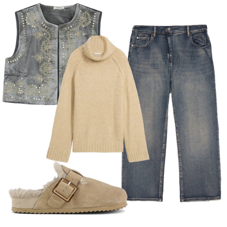 Outfit donna - Total look #2357365. Stile Trendy per Tutti i giorni. Abbinamento con maglieria, jeans, gilet, sabot.