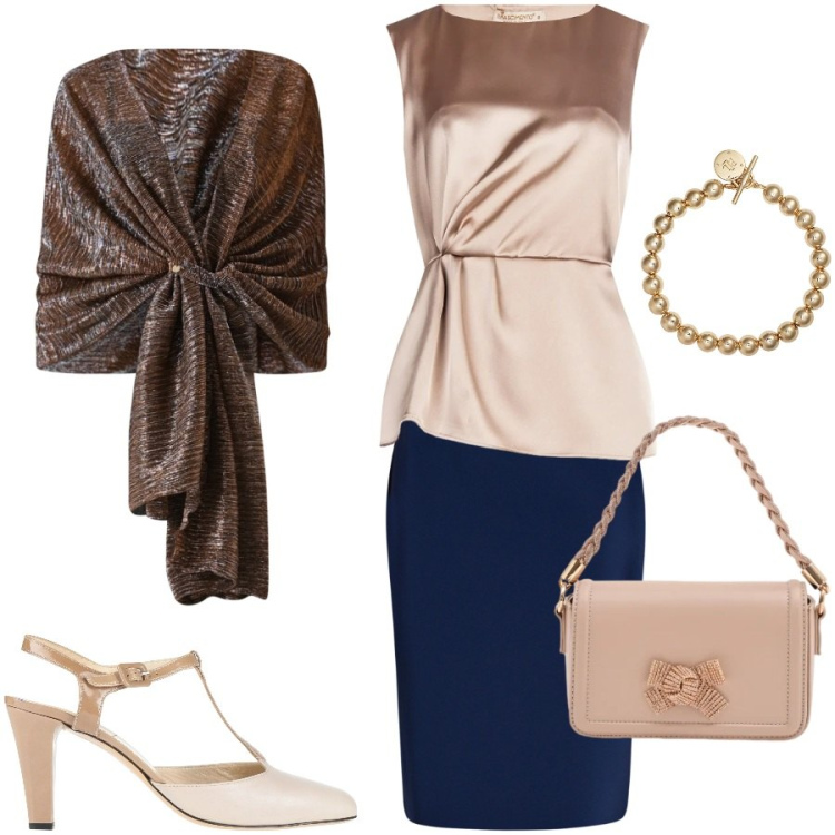 Outfit donna - Evento di sera. Stile Chic per Cerimonia. Abbinamento con décolleté, stole, gonne longuette, bluse, pochette, braccialetti.